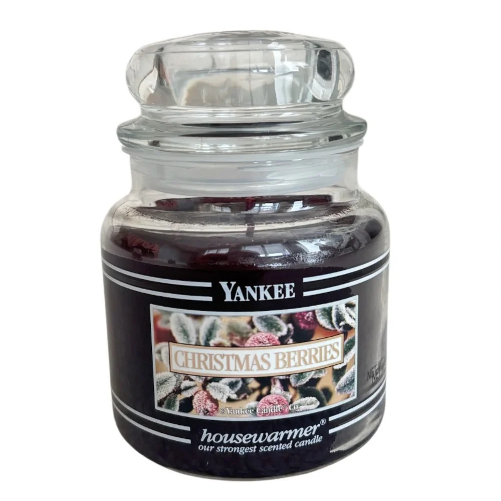 Yankee Candle Jar Christmas Berries Vintage Black Band Burgundy Deep Red 14.5 Oz